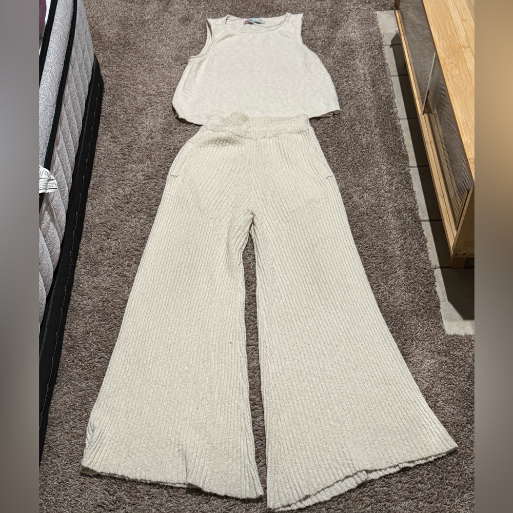 Free People Cream Ribbed Knit Set